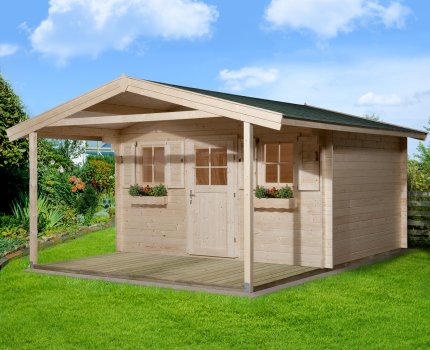 Abri de jardin bois 110A | 11 à 14 m² | Aspect brut | Avancée de toit 200 cm | 28 mm d'épaisseur