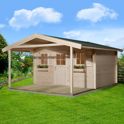 Abri de jardin bois 110A | 11 à 14 m² | Aspect brut | Avancée de toit 200 cm | 28 mm d'épaisseur