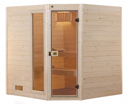Sauna d'intérieur traditionnel ÖLAND ANGLE+ | 5 places | Poêle compact 6,8 KW | 189 x 189 - H 203 cm