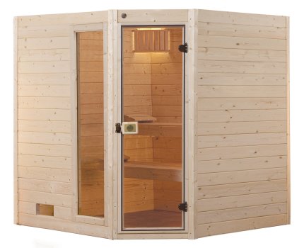 Sauna d'intérieur traditionnel ÖLAND ANGLE+ | 5 places | Poêle compact 6,8 KW | 189 x 189 - H 203 cm