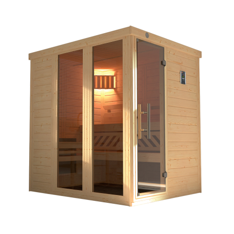 Sauna d'intérieur traditionnel KEMI Panorama 1 | 5 places | Poêle 6,8 KW | 162 x 193 - H 200 cm