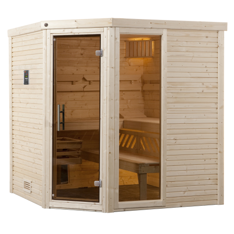 Sauna d'intérieur traditionnel CUBILIS d'angle 1 | 5 places | Poêle 6,8 KW | 195 x 195 - H 203 cm