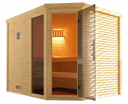 Sauna d'intérieur traditionnel CUBILIS d'angle 2 | 6 places | Poêle 6,8 KW | 245 x 195 - H 203 cm