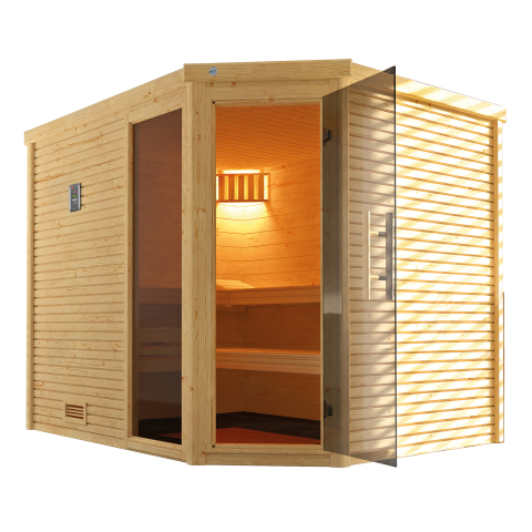 Sauna d'intérieur traditionnel CUBILIS d'angle 2 | 6 places | Poêle 6,8 KW | 245 x 195 - H 203 cm