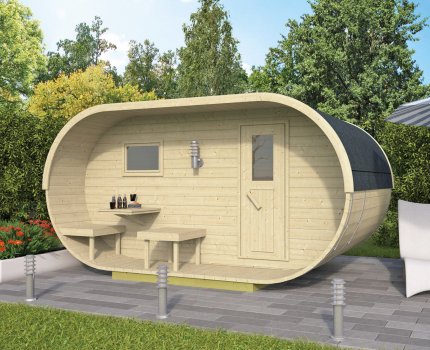 Sauna d'extérieur Tonneau ovale en pin | 4 places | Poêle au choix | 405 x 240 - H 190 cm