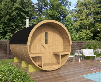 Sauna d'extérieur Tonneau en pin Thermowood | 4 places | Poêle au choix | Ø215 x 350 