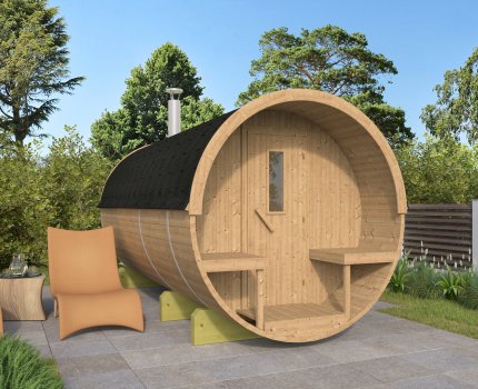 Sauna d'extérieurTonneau en pin Thermowood | 4 places | Poêle au choix | Ø215 x 400