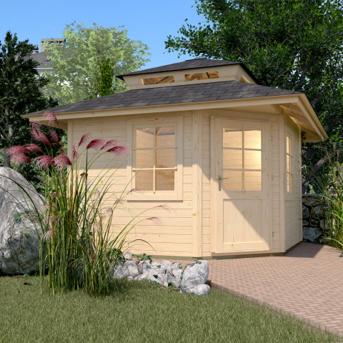 Abri de jardin en bois 149 | 8,5 m² | Aspect brut | Avec surélévation de toit | 28 mm d'épaisseur