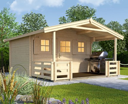 Abri de jardin bois 110B | 11 à 14 m² | Aspect brut | Avancée de toit + terrasse | 28 mm d'épaisseur