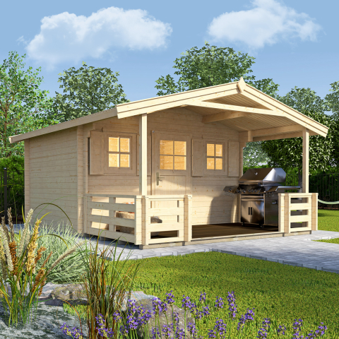 Abri de jardin bois 110B | 11 à 14 m² | Aspect brut | Avancée de toit + terrasse | 28 mm d'épaisseur