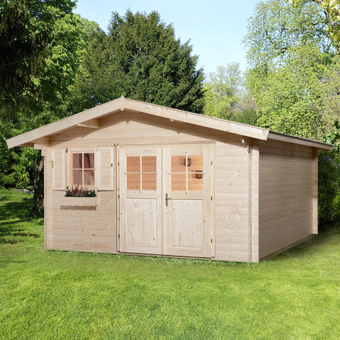 Abri de jardin bois 111 | 9,1 à 14 m² | Aspect brut | Avancée de toit 60 cm | 28 mm d'épaisseur