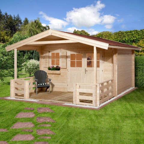 Abri de jardin bois 111B | 9,1 à 14 m² | Aspect brut | Avancée de toit + terrasse | 28mm d'épaisseur