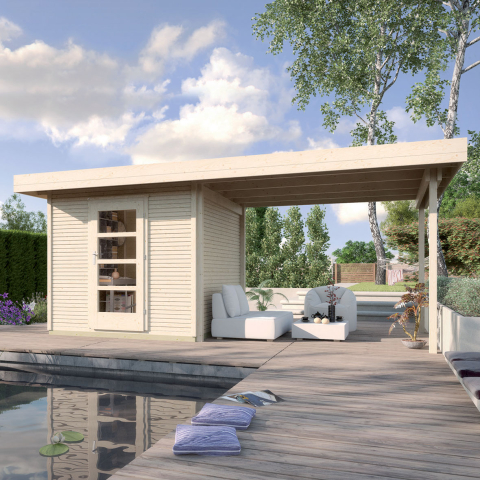 Pool House en bois 172 WekaLine | 4 m² + Auvent 6 m² | Aspect brut | 28 mm d'épaisseur
