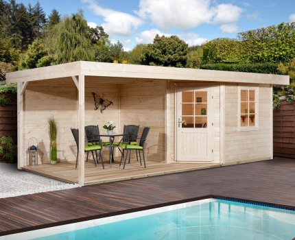 Pool House en bois 213+ | 8,5 m² + Auvent 8,8 m² | Aspect brut | 28 mm d'épaisseur