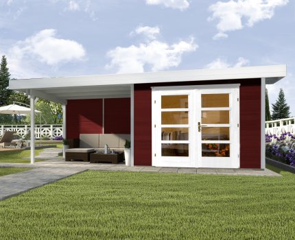 Pool House en bois 126+ | 6,7 m² + Auvent 7 m² | Rouge suédois | 28 mm d'épaisseur