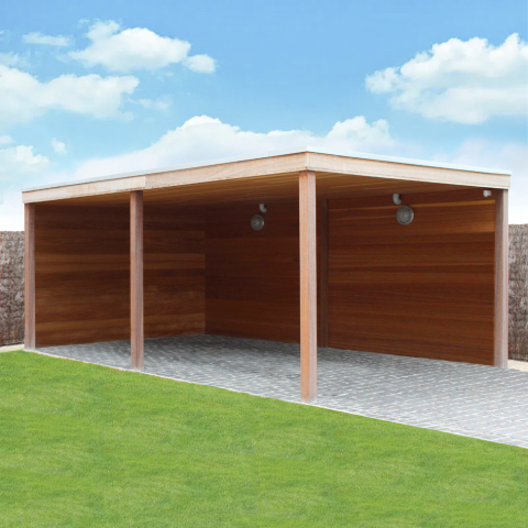 Carport en bois exotique Iroko autoportant de 15 à 30 m2 