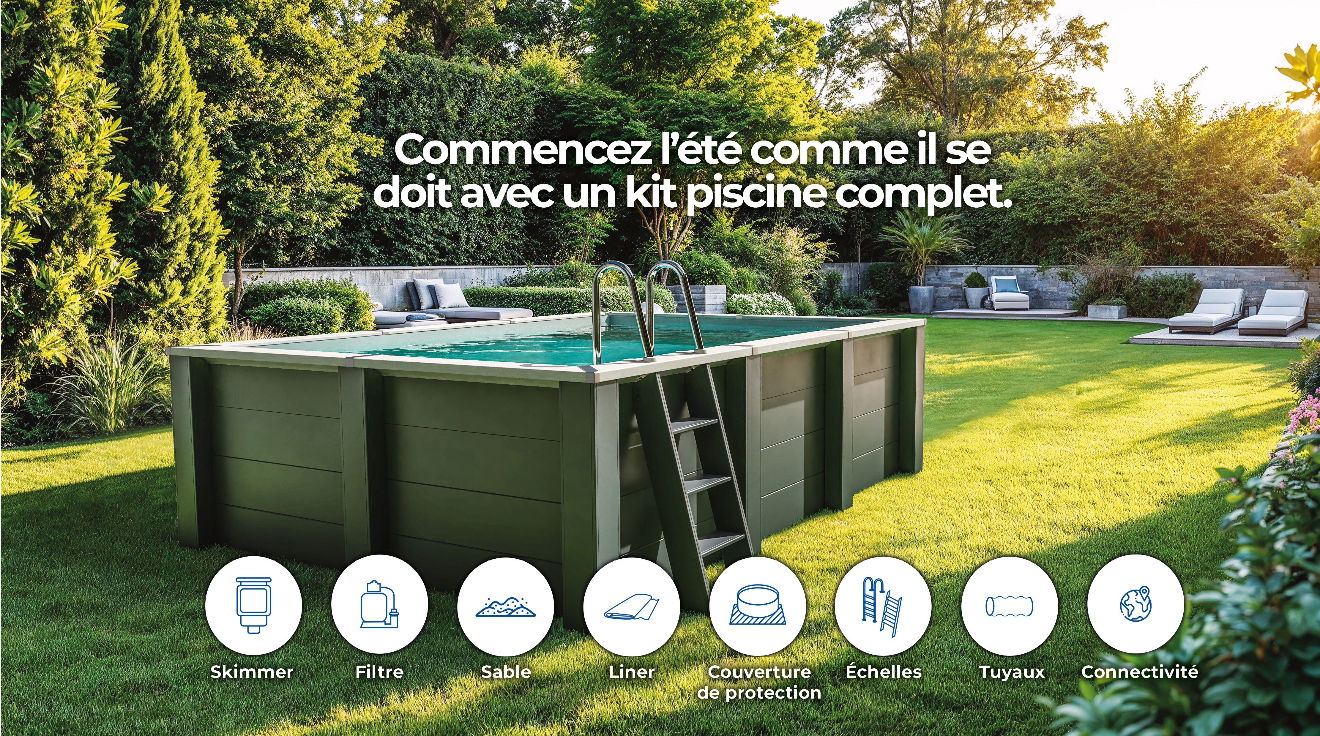 Piscine bois composite rectangulaire avec projecteur LED 595 x 315 – H 126 cm - GRÉ