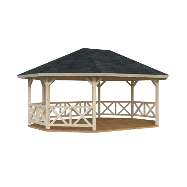 Kiosque de jardin en bois Betty 551 x 701 cm  - Brut naturel non traité - Shingles noir
