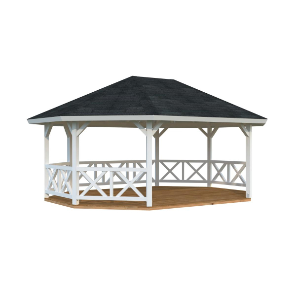 Kiosque de jardin en bois Betty 551 x 701 cm  - Prépeint blanc - Shingles rouge