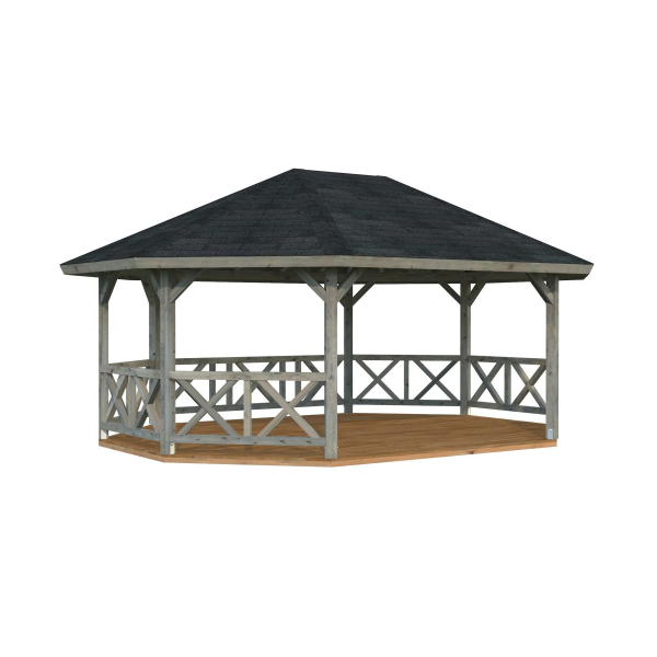 Kiosque de jardin en bois Betty 551 x 701 cm  - Traitement par bain gris - Shingles noir