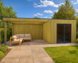 Kit abri de jardin en bois | 304 x 304 cm + auvent 403 cm | Bois traité | 28 mm d'épaisseur