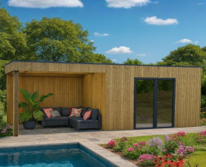 Poolhouse bois avec auvent toit plat NAZARÉ | 408 x 304 cm + auvent 403 cm | Bois traité | 28 mm d'é
