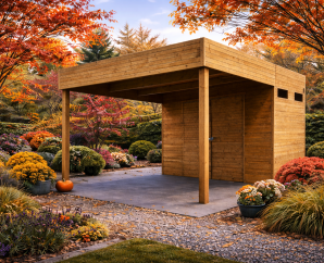 Abri de jardin avec terrasse couverte PALERMO SOLID - 298,8 x 290,8 cm + auvent 287 cm | Bois traité