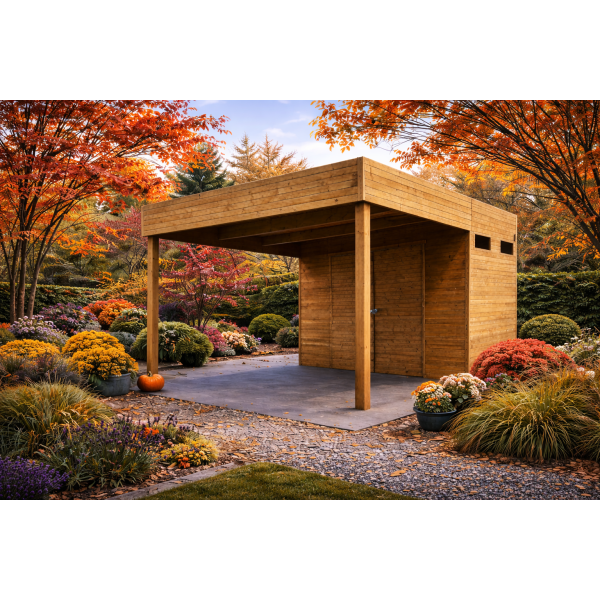 Abri de jardin avec terrasse couverte PALERMO SOLID - 298,8 x 290,8 cm + auvent 287 cm | Bois traité