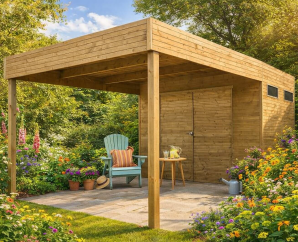 Abri de Jardin Bois avec Auvent MARSALA SOLID - 298,8 x 198,8 cm + auvent 287 cm | Bois traité | 19