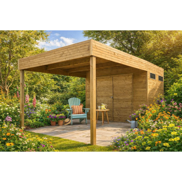 Abri de Jardin Bois avec Auvent MARSALA SOLID - 298,8 x 198,8 cm + auvent 287 cm | Bois traité | 19