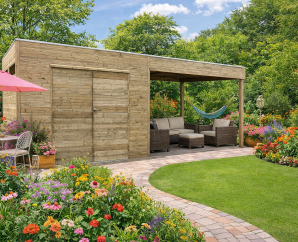 Abri de jardin bois avec auvent AMALFI – 298,8 x 198,8 cm + auvent 287 cm | Bois traité | 19 mm d'ép