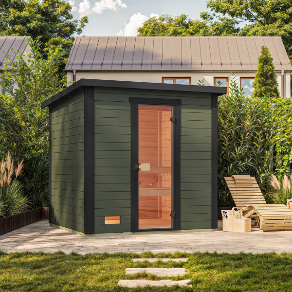 Sauna Extérieur WEKA KAAPI | 3-4 personnes | 200 × 200 cm | Peint gris vert 40 mm