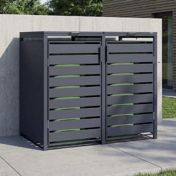 Cache-poubelle en métal GARY Anthracite pour 2 bacs 480 L |  132x80 cm