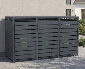Cache-poubelle en métal GARY Anthracite pour 3 bacs 720 L |  198,5 x 80 cm
