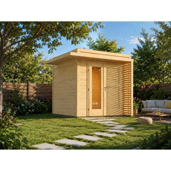 Abri de jardin moderne en bois Amberley | 235 × 235 cm | Bois brut | 19 mm d'épaisseur