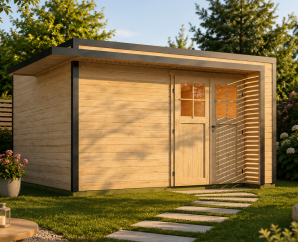 Abri de jardin bois Amberley double porte | 400 × 400 cm | Bois brut | 44 mm d'épaisseur