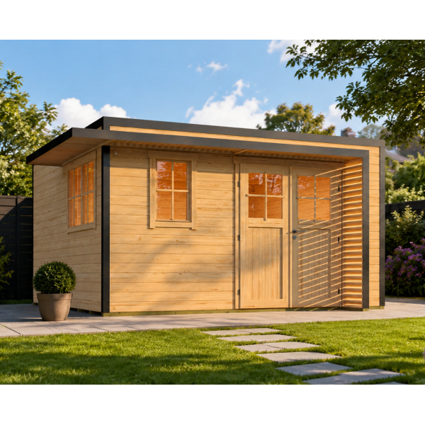 Abri de jardin bois Amberley double porte et fenêtres | 400 × 400 cm | Bois brut | 44 mm d'épaisseur