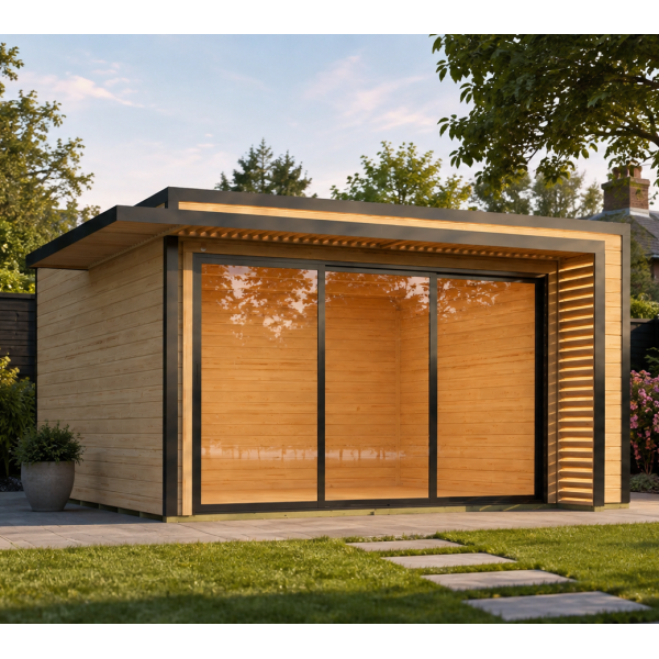 Abri de jardin bois Amberley porte coulissante | 400 × 400 cm | Bois brut | 44 mm d'épaisseur