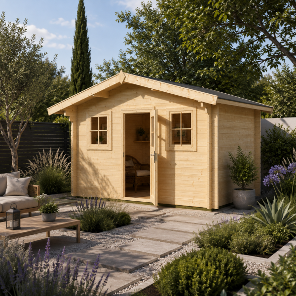 Abri de jardin bois 135 | 10,8 à 13,8 m² | Aspect brut | Avancée de toit 60 cm | 45 mm d'épaisseur