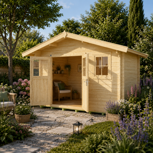 Abri de jardin bois 136 | 10,8 à 13,8 m² | Aspect brut | Avancée de toit 60 cm | 45 mm d'épaisseur