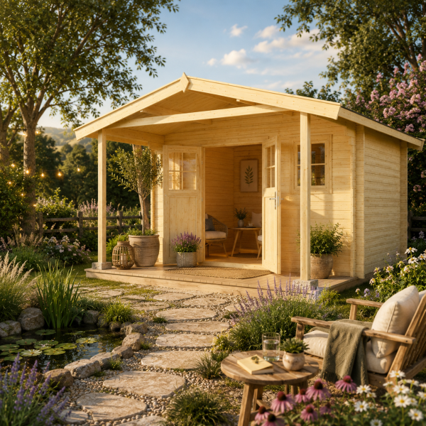 Abri de jardin bois 136A | 10,8 à 13,8 m² | Aspect brut | Avancée de toit 200 cm | 45 mm d'épaisseur