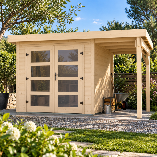Pool House en bois 321 | 3,6 à 7,2 m² + Auvent 2,2 à 5,7 m² | Aspect brut | 19 mm d'épaisseur