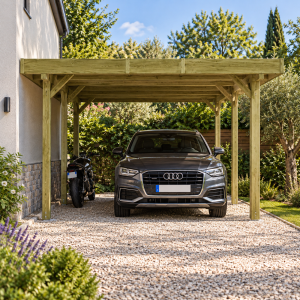 Carport en bois toit plat modulable | 506 x 506 cm + extension possible | Bois autoclave