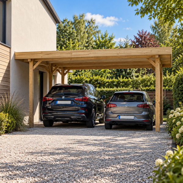Carport en bois toit plat modulable  | 606 x 506 cm + extension possible | Bois autoclave