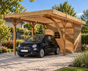 Carport en bois 1 voiture toit plat avec local | 306 x 699 cm | Bois autoclave