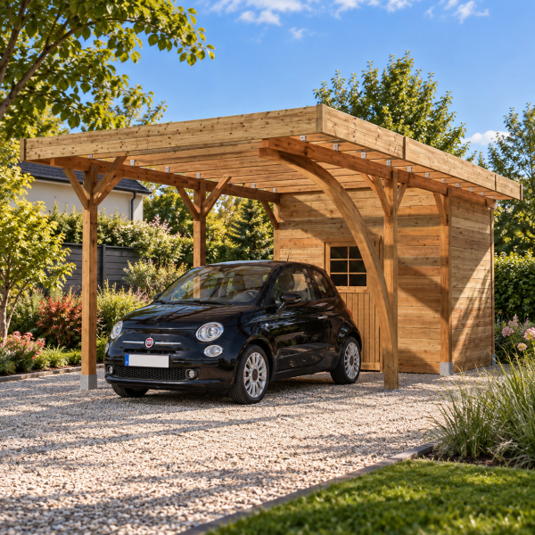 Carport en bois 1 voiture toit plat avec local | 306 x 699 cm | Bois autoclave
