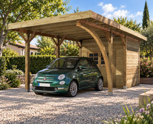 Carport en bois 1 voiture toit plat avec local | 406 x 699 cm | Bois autoclave