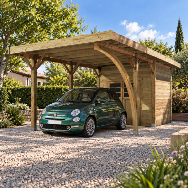 Carport en bois 1 voiture toit plat avec local | 406 x 699 cm | Bois autoclave