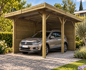 Carport en bois 1 voiture toit plat avec parois fermées | 306 x 699 cm | Bois autoclave
