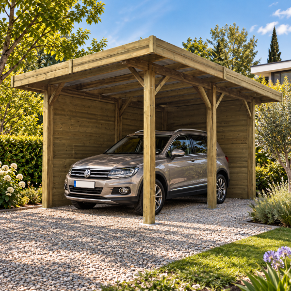 Carport en bois 1 voiture toit plat avec parois fermées | 306 x 699 cm | Bois autoclave